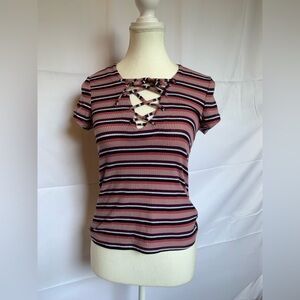 Women’s Small Striped Lace-Up Baby Tee Y2K Gilmore Girl Sabrina Whimsigoth Witch